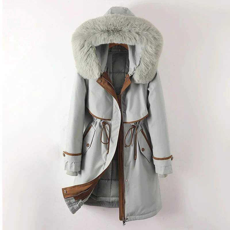Women's winter parka jacket quilted lining fur trim hood adjustable waist zip closure warm coat