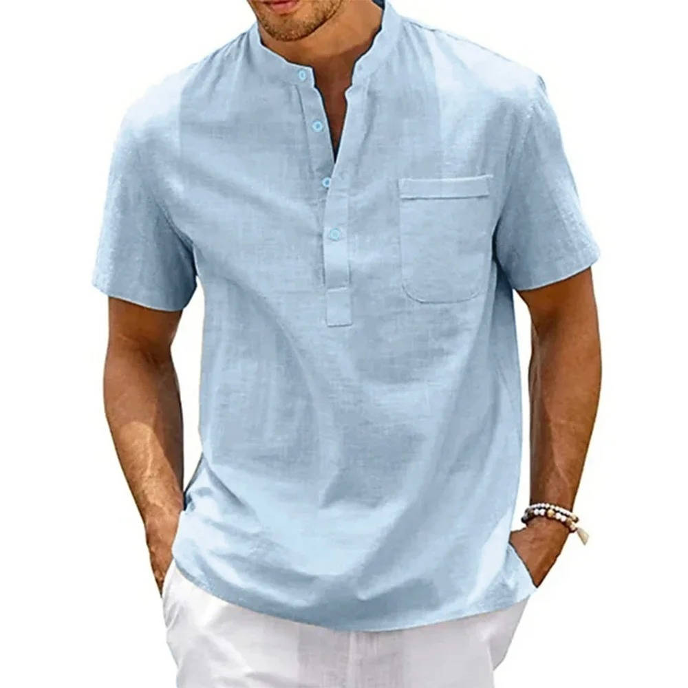 Beige men's linen Henley shirt, short sleeves, relaxed fit casual summer top with chest pocket