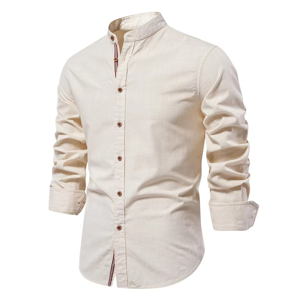 Men's slim fit mandarin collar button-down shirt in cotton-linen blend for a clean polished look