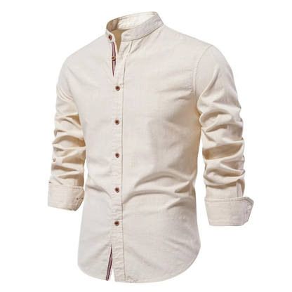 Men's slim fit mandarin collar button-down shirt in cotton-linen blend for a clean polished look