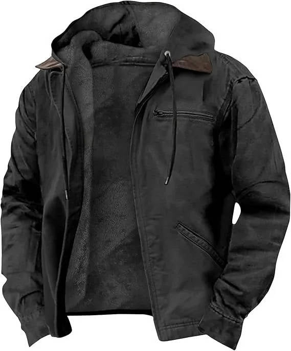 Men's lightweight hooded fleece jacket with full zipper windproof polyester shell for winter warmth