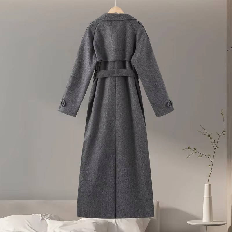Women oversized long trench coat wool-polyester blend office-ready timeless silhouette