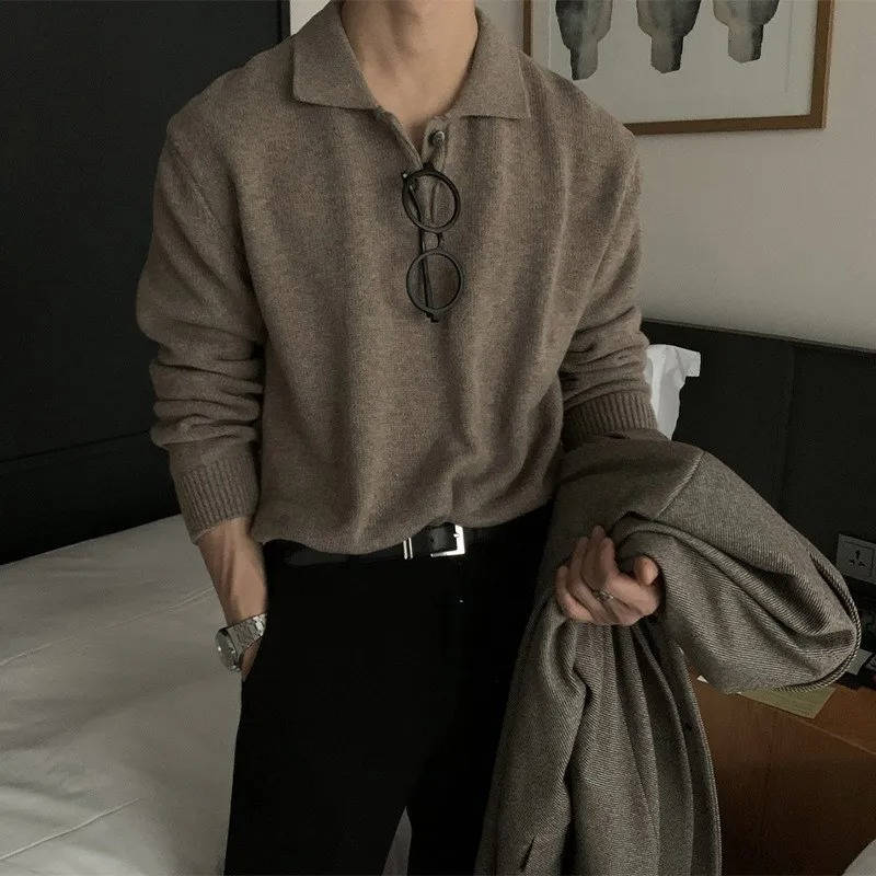 Black men's Korean-style knit polo collar sweater, long sleeve, soft viscose with relaxed casual drape