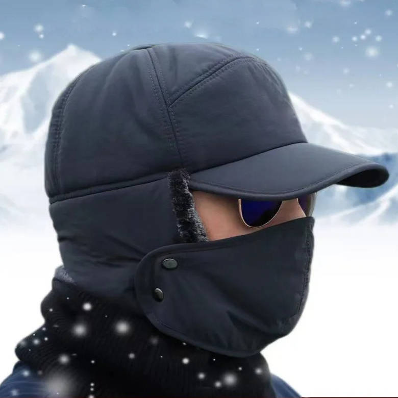 Charcoal gray winter hat with ear flaps, water-resistant polyester shell for cold outdoor adventures