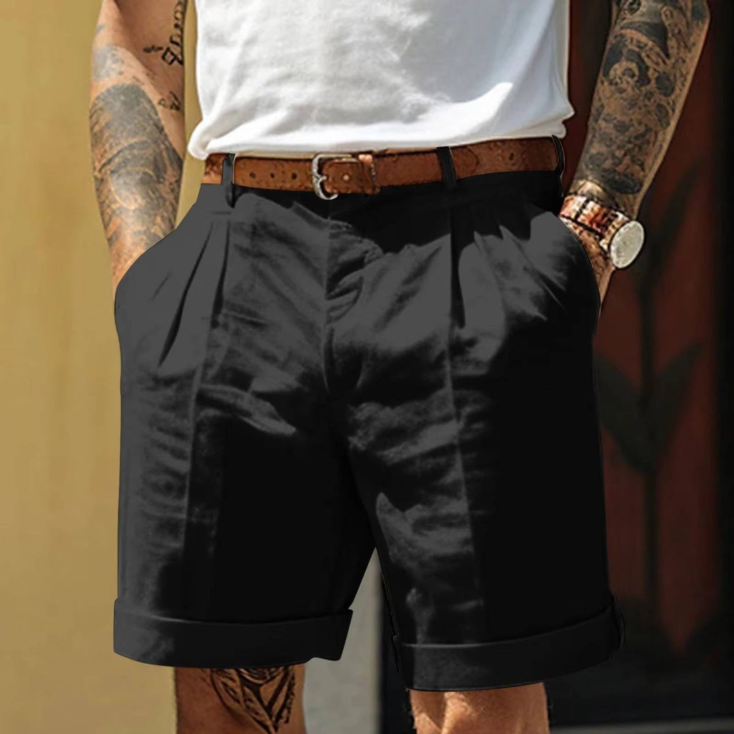 Men's white pleated cotton-linen shorts with cuffed hem, classic tailored fit for everyday wear