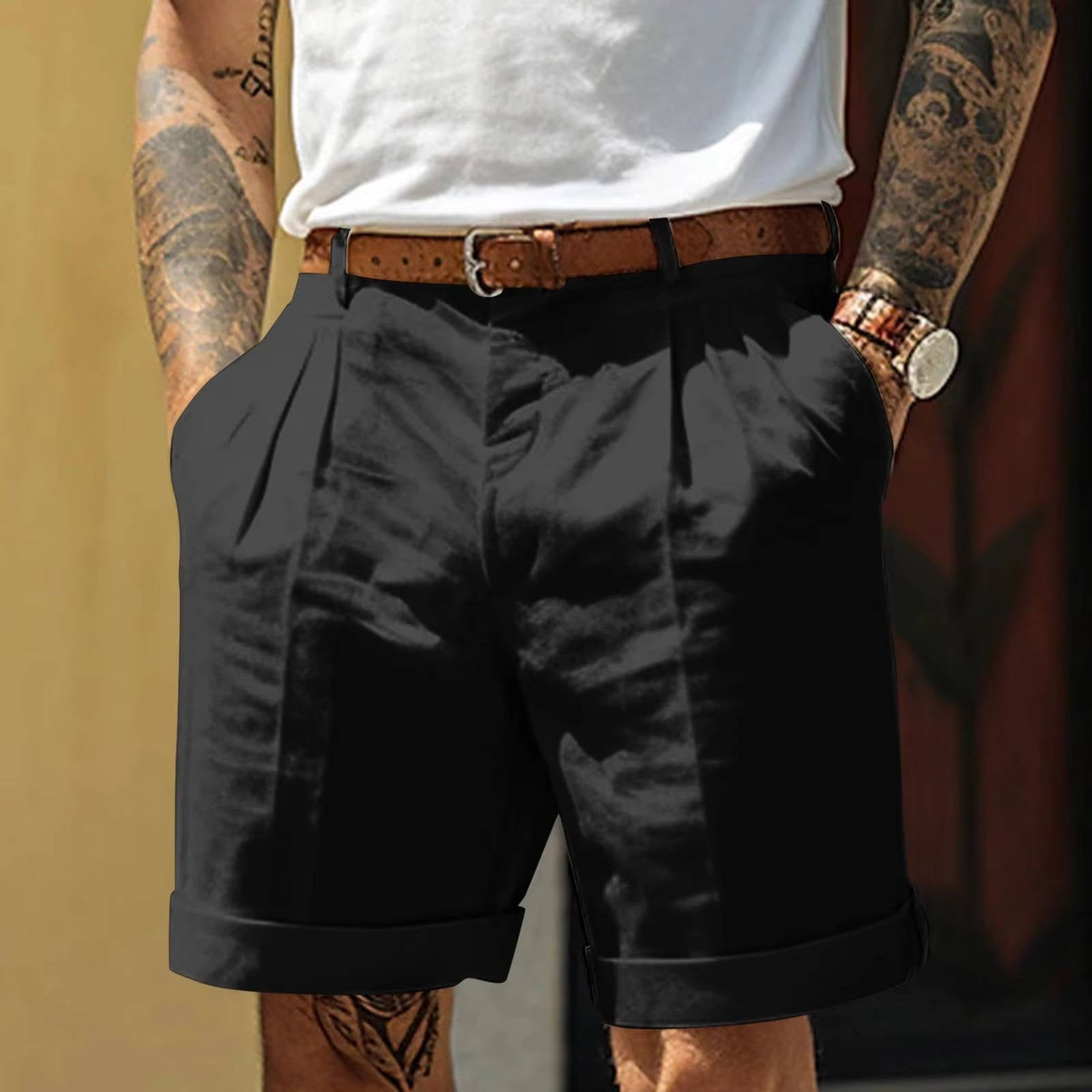 Men's white pleated cotton-linen shorts with cuffed hem, classic tailored fit for everyday wear