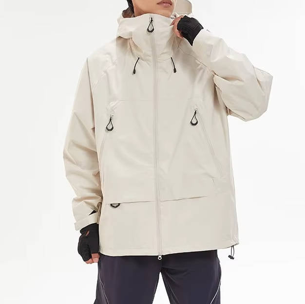 Men's waterproof gray hiking rain jacket with hood, windproof shell, front pockets, outdoor weather