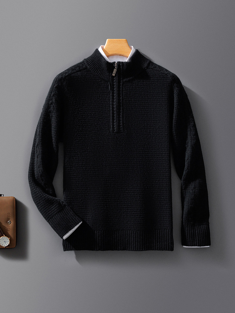 Men's wool knit pullover sweatshirt relaxed fit long sleeve with zip collar in neutral tone