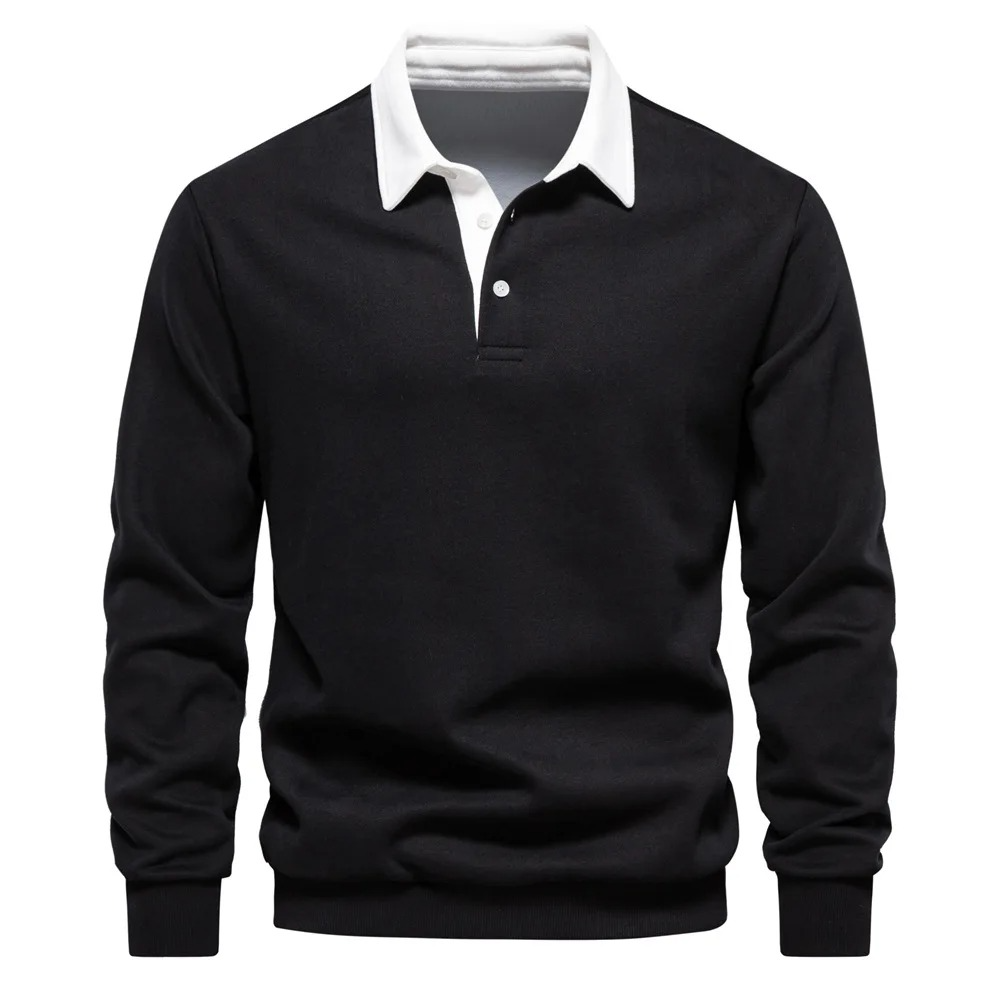 Men's navy long sleeve polo shirt cotton blend comfort fit with crisp white contrast collar