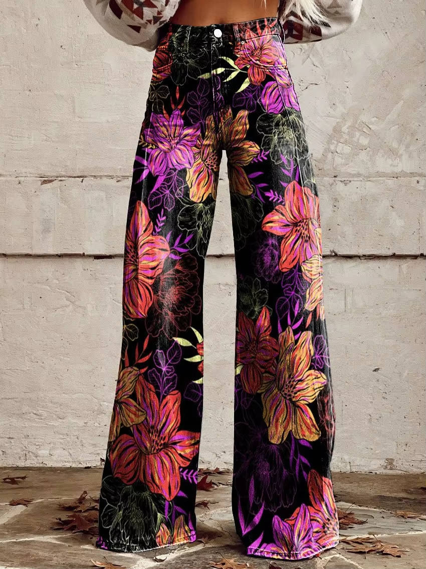 Women's high-waisted floral pants vintage-inspired wide-leg silhouette bold colorful retro print