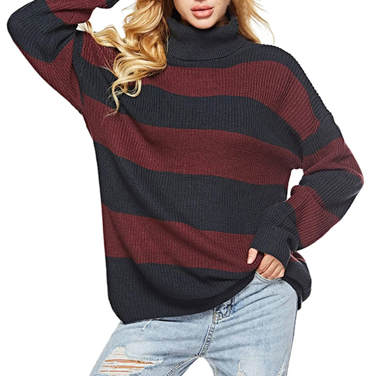 Women's striped turtleneck sweater oversized relaxed fit cozy high-neck layer for work and weekend