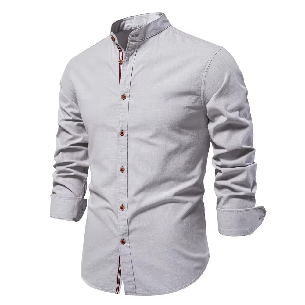 Men's slim fit mandarin collar button-down shirt in cotton-linen blend for a clean polished look