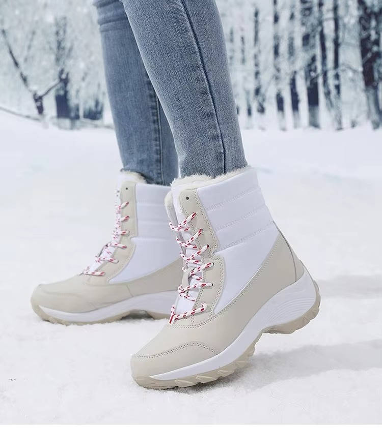 Women's waterproof leather winter snow boots in neutral tones, lightweight cold-weather style with durable sole