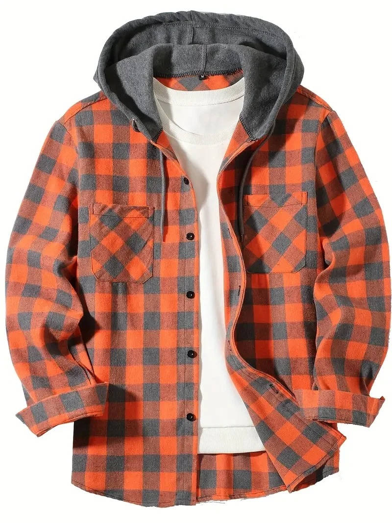Men's red black buffalo plaid flannel shirt with fleece-lined adjustable hood, lightweight brushed cotton