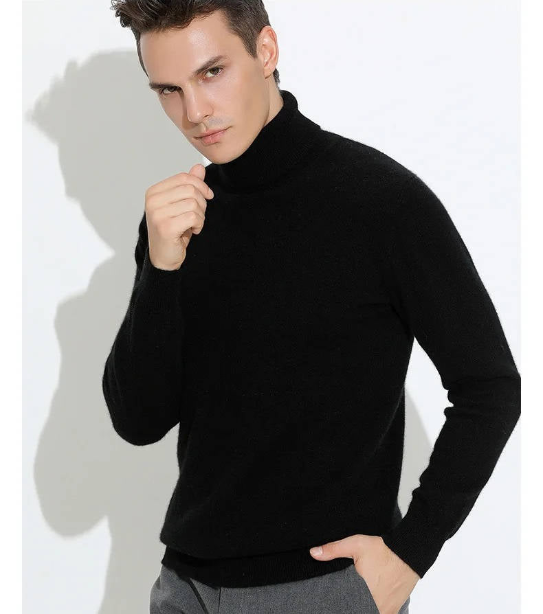 Men's slim-fit 100% cashmere turtleneck sweater in neutral tone, luxury knit smart casual style