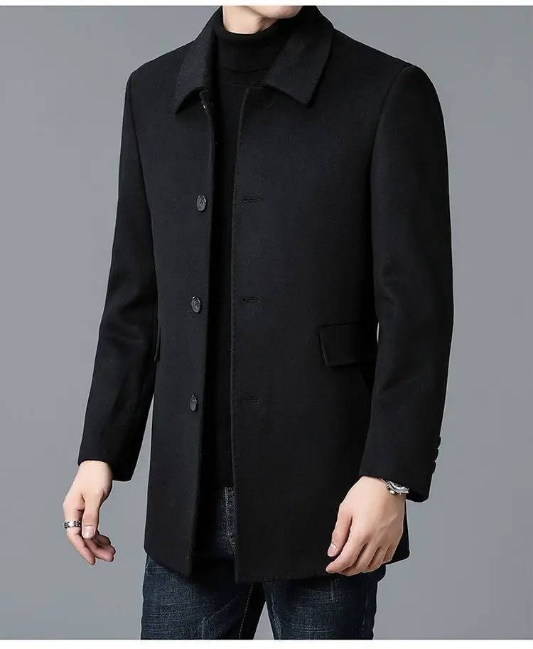 Men's tailored short wool overcoat sharp structured silhouette double-sided warm professional office coat