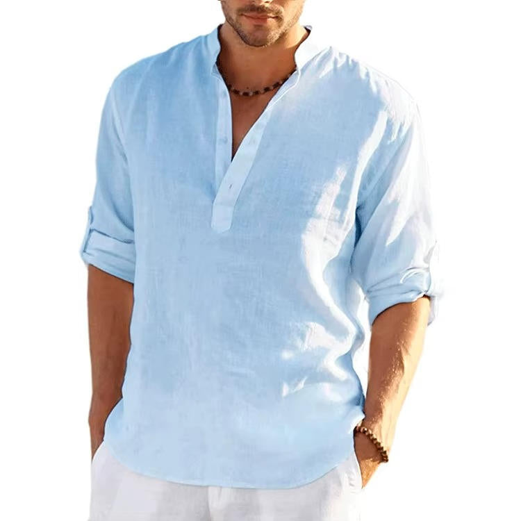 Men's white linen Henley shirt relaxed fit with rolled sleeves, lightweight breathable summer casual