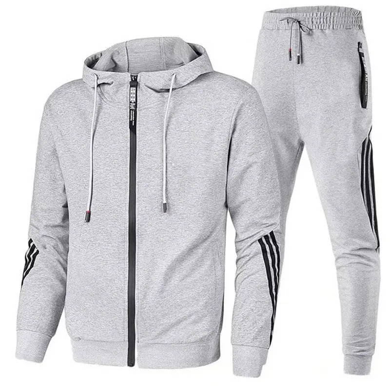 Men's gray zip-up hooded tracksuit set with matching joggers, slim athletic cut, cotton-poly blend