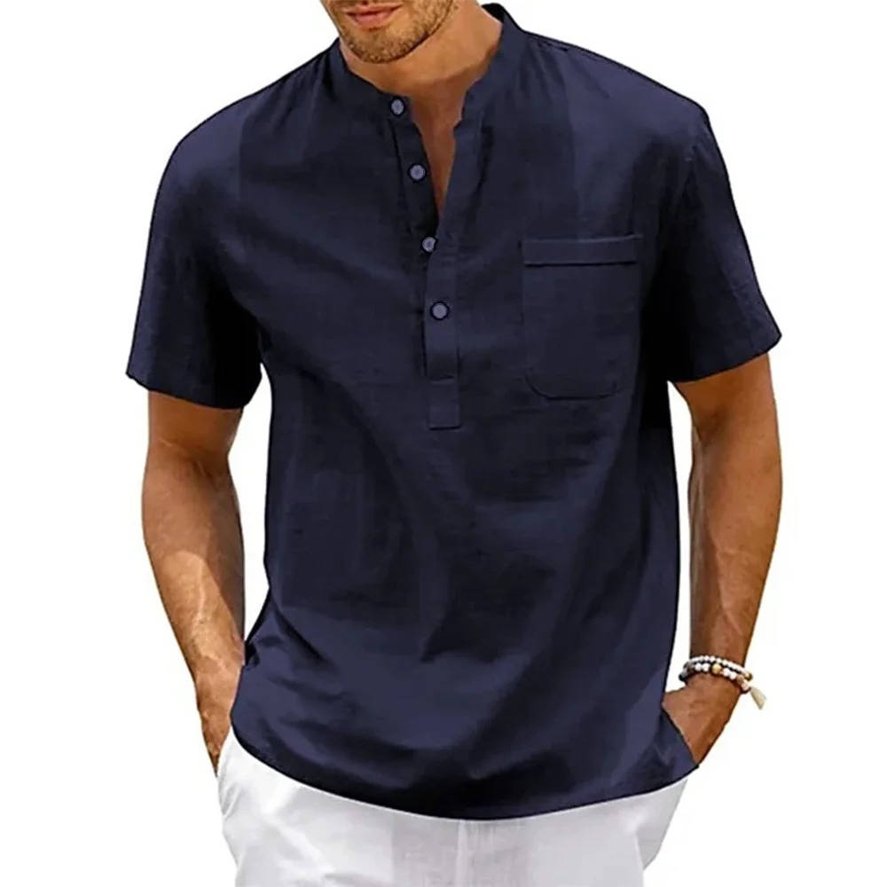 Beige men's linen Henley shirt, short sleeves, relaxed fit casual summer top with chest pocket