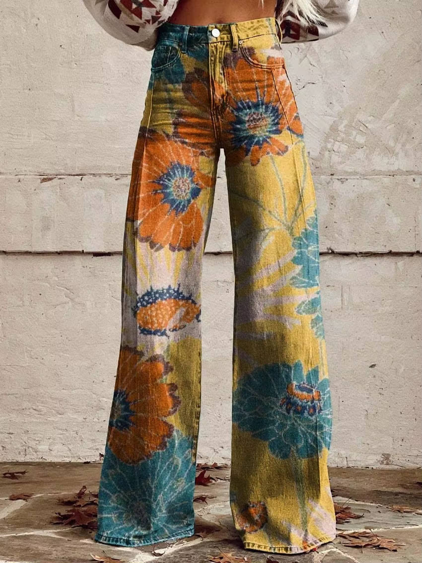 Women's high-waisted floral pants vintage-inspired wide-leg silhouette bold colorful retro print
