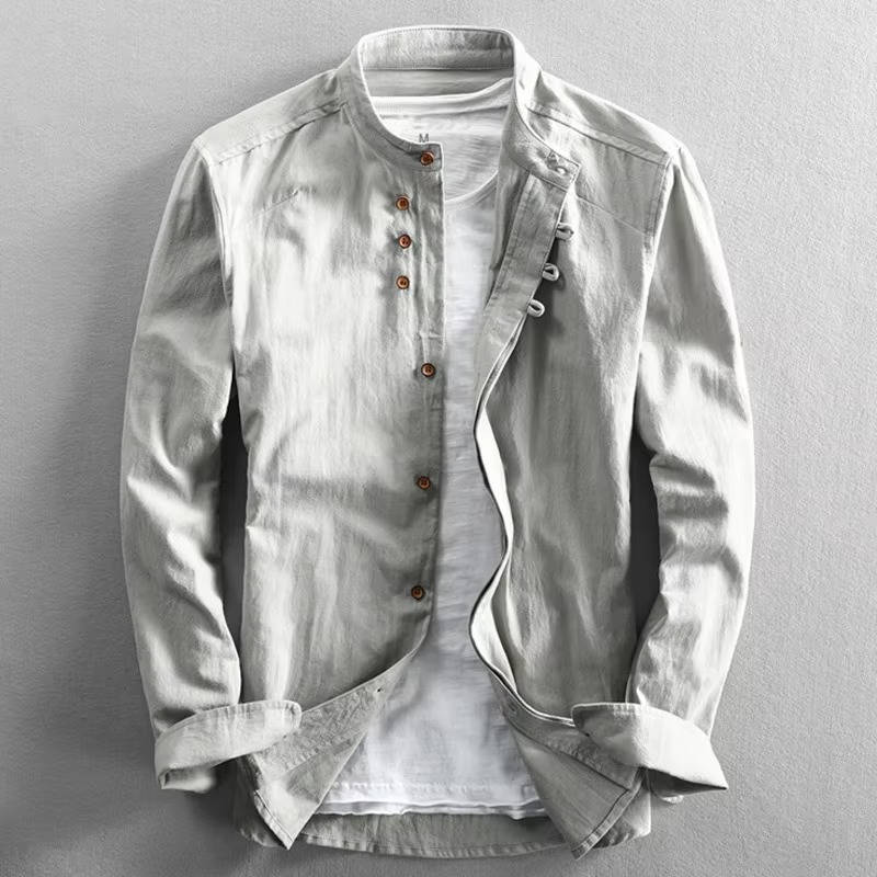 Men's white linen cotton Japan style shirt with distinctive mandarin stand-up collar casual fit