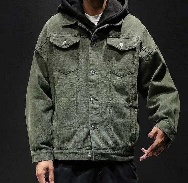 Men's olive green denim jacket with front button closure and classic chest pockets