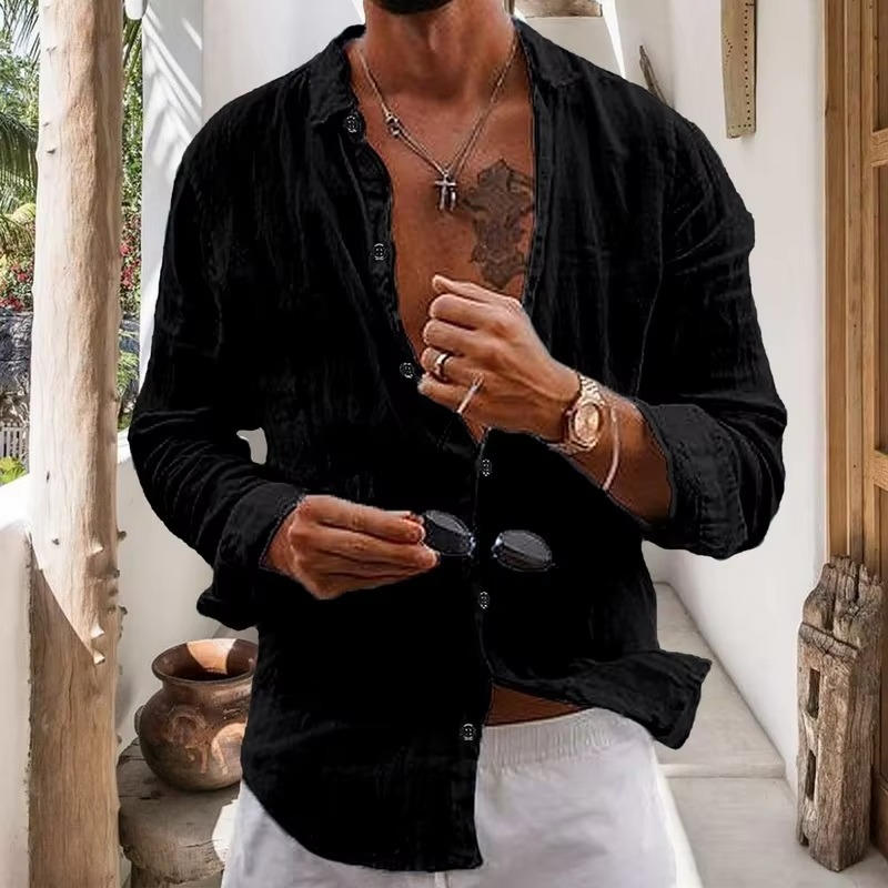 Men's natural beige linen long sleeve shirt lightweight breathable casual fit daily wear top