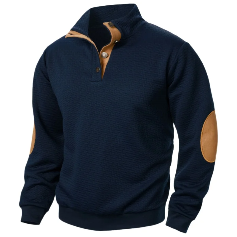 Men's relaxed fit stand collar sweatshirt textured knit fabric with contrast elbow patches casual style