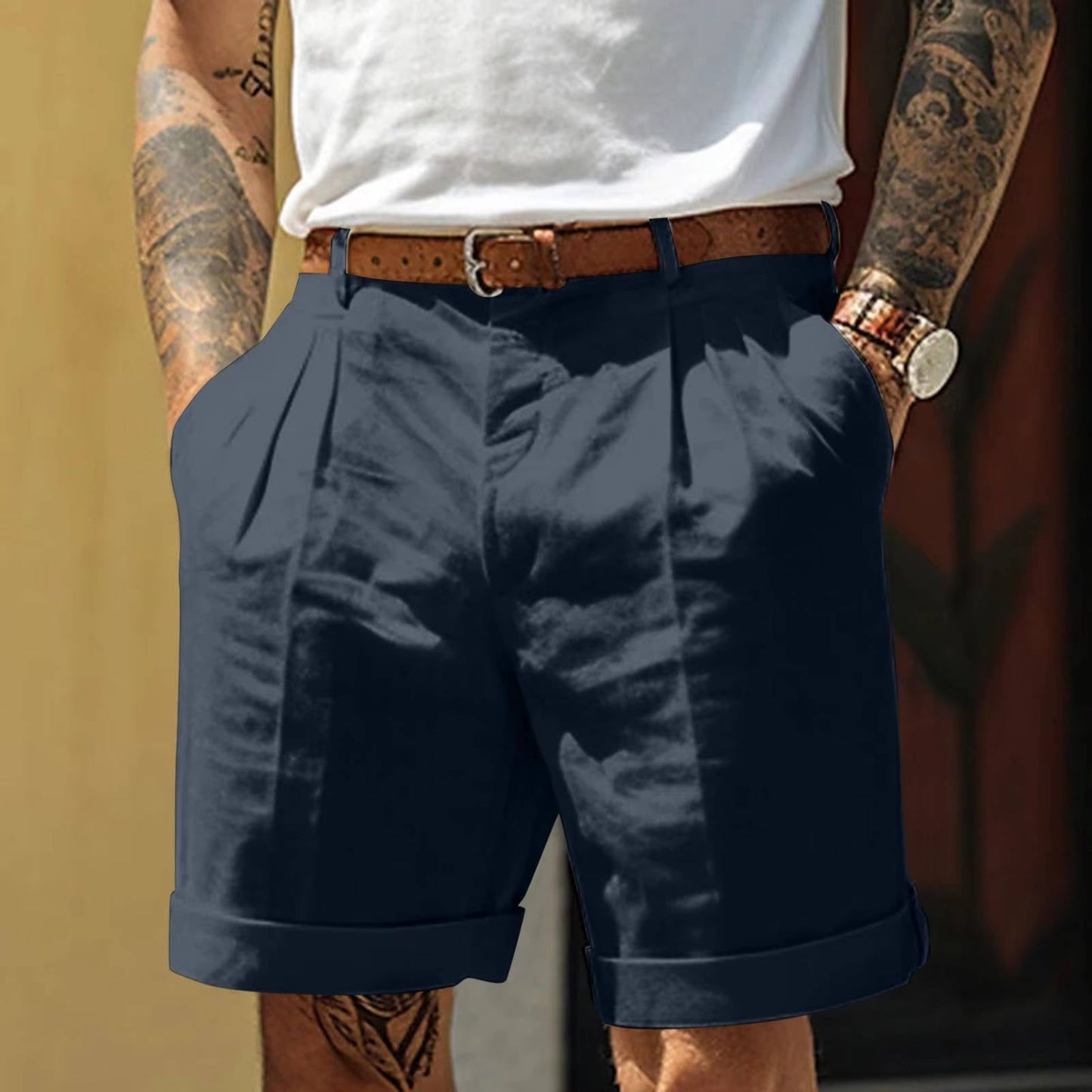 Men's white pleated cotton-linen blend shorts with cuffed hem, classic relaxed fit for everyday wear