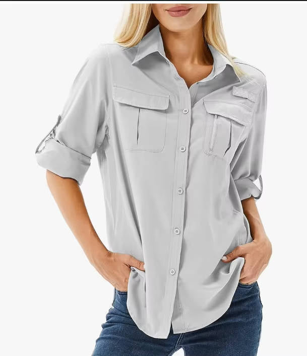 Women's beige UPF 50 hiking shirt with roll-up sleeves, button-down safari style, vented back panel