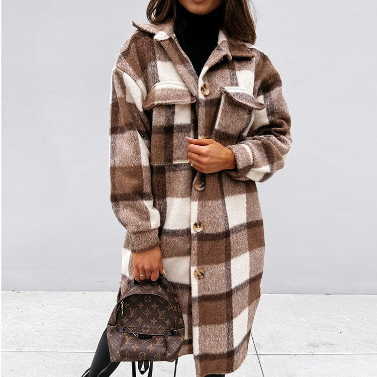 Women's wool blend long coat classic checkered pattern button closure modern silhouette fall winter