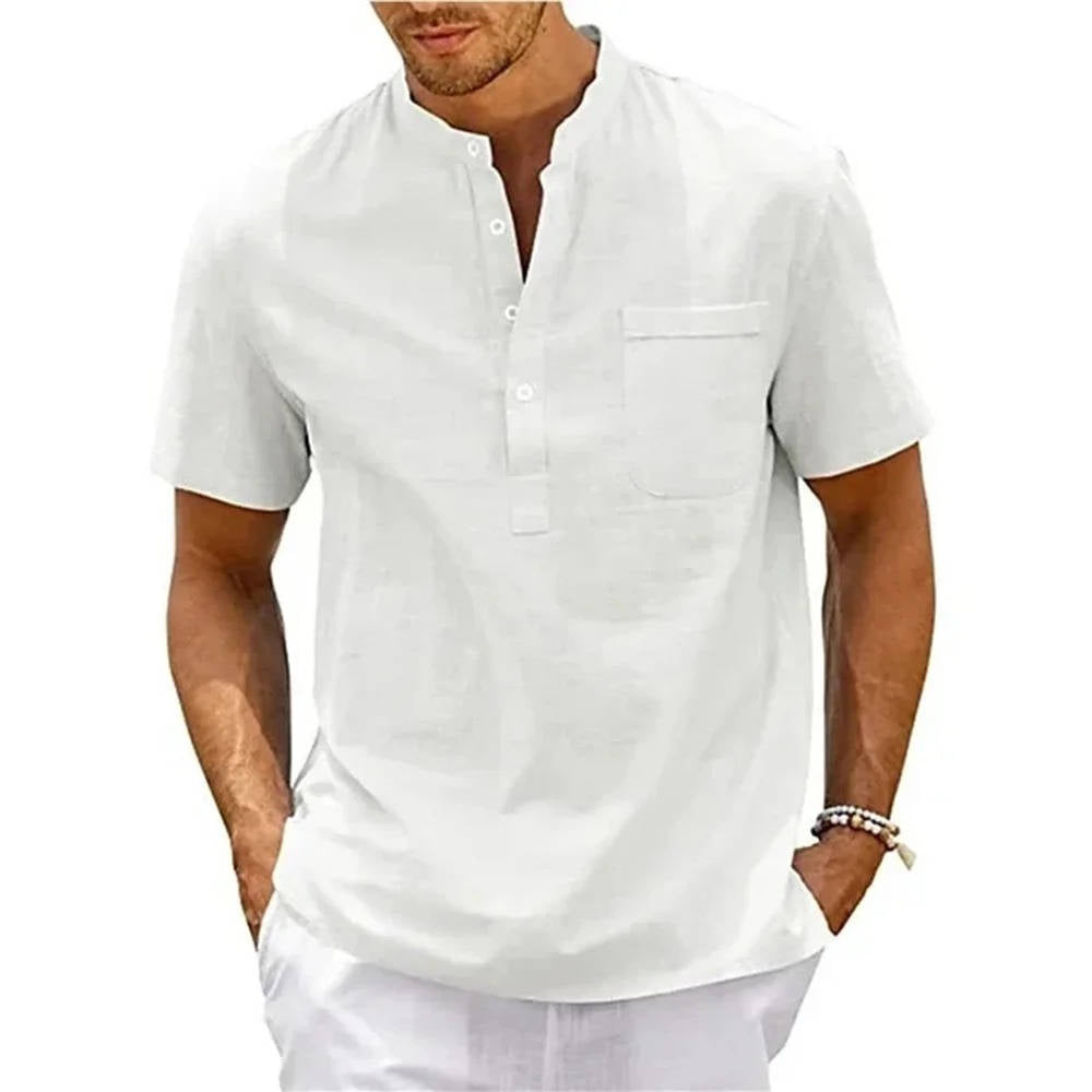 Beige men's linen Henley shirt, short sleeves, relaxed fit casual summer top with chest pocket