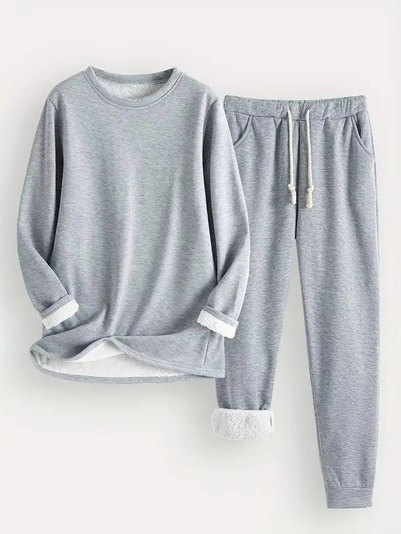 Women's gray fleece-lined sweatsuit set two-piece matching lounge outfit with brushed interior