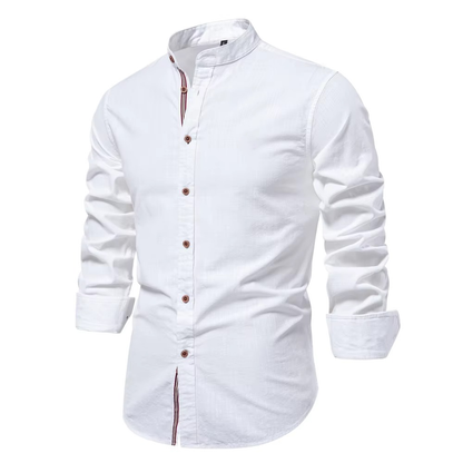 Men's slim fit mandarin collar button-down shirt in cotton-linen blend for a clean polished look