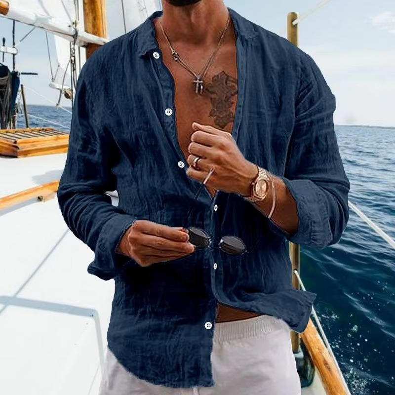 Men's natural beige linen long sleeve shirt lightweight breathable casual fit everyday top