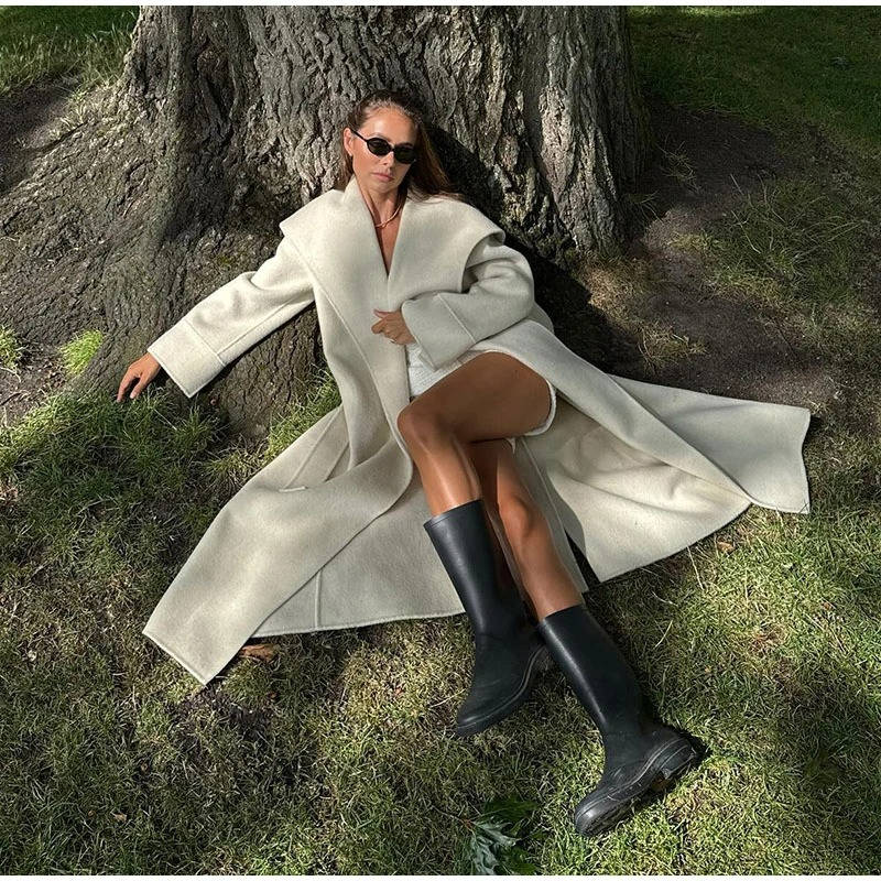 Women's wool overcoat lace-up front double-breasted tailored silhouette warm winter coat