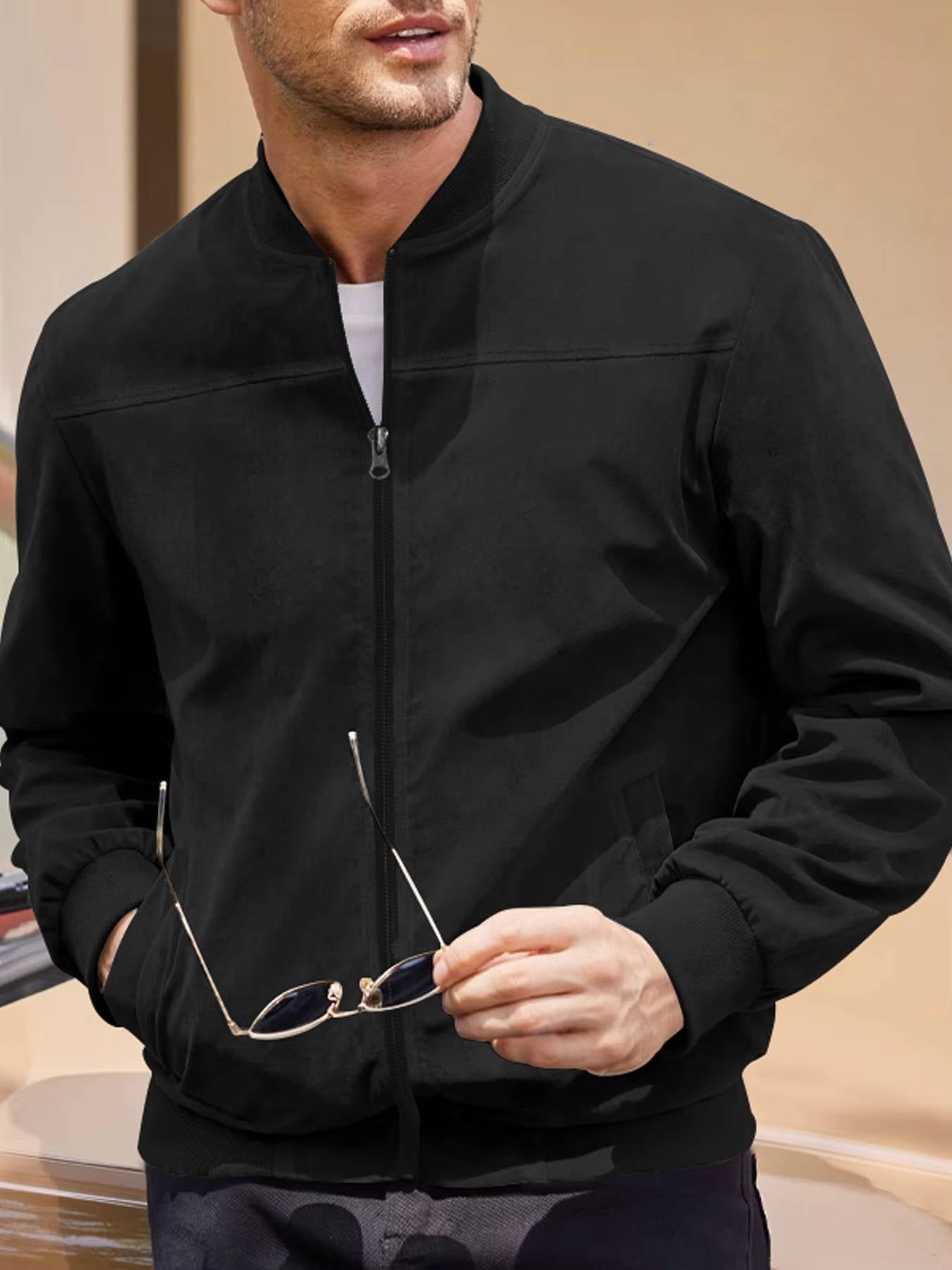 Men's lightweight suede bomber jacket windproof water-repellent layer refined silhouette all-season wear