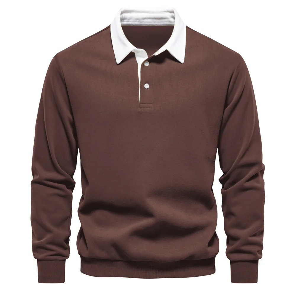 Men's navy long sleeve polo shirt cotton blend comfort fit with crisp white contrast collar