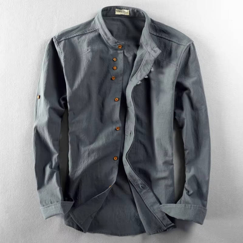 Men's beige linen cotton Japan style shirt with distinctive stand-up collar for a modern casual look