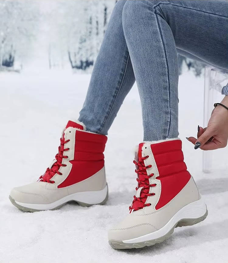 Women's winter snow boots brown waterproof leather upper with lug sole for cold weather traction