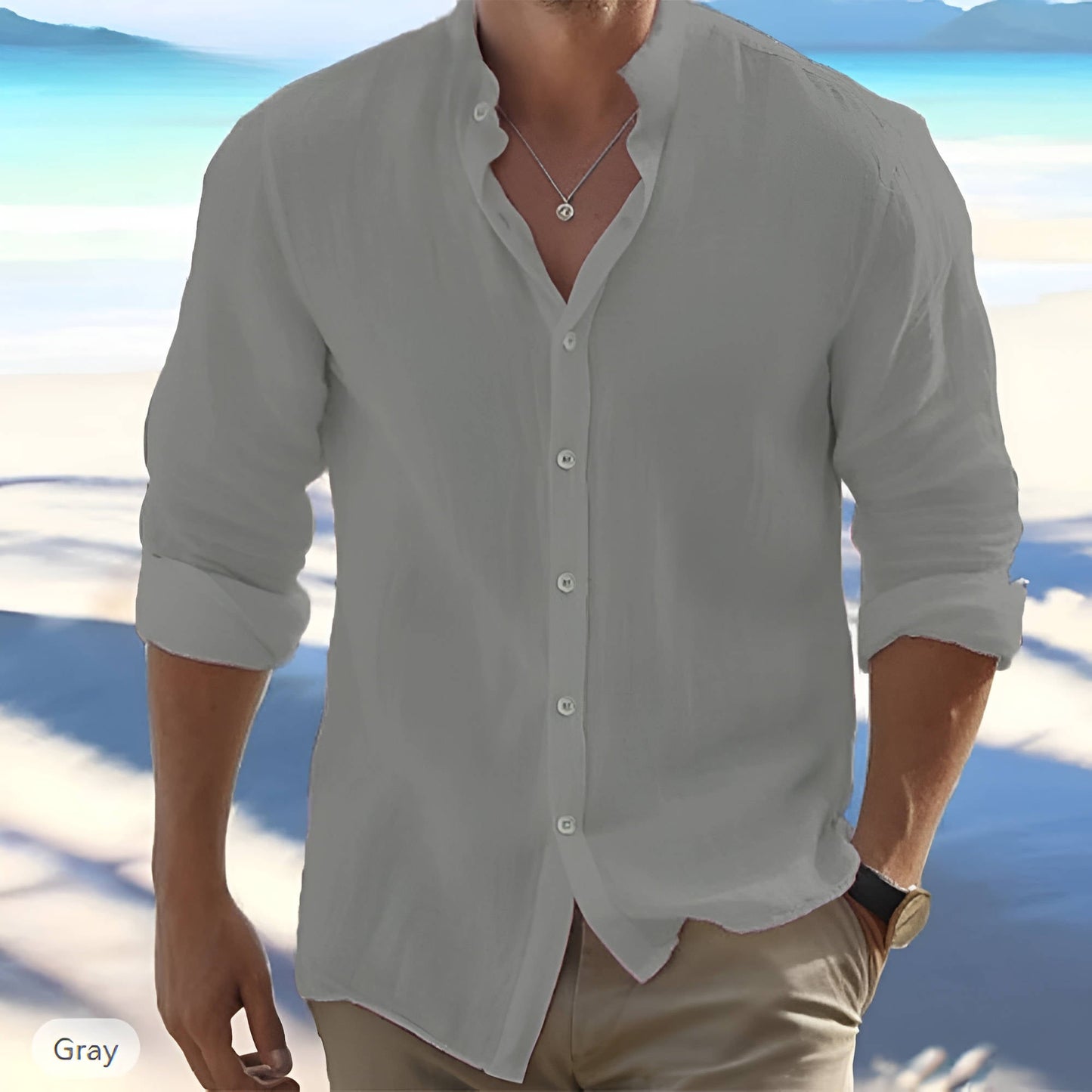 Men's light beige linen-cotton blend long sleeve shirt with button front, relaxed casual fit