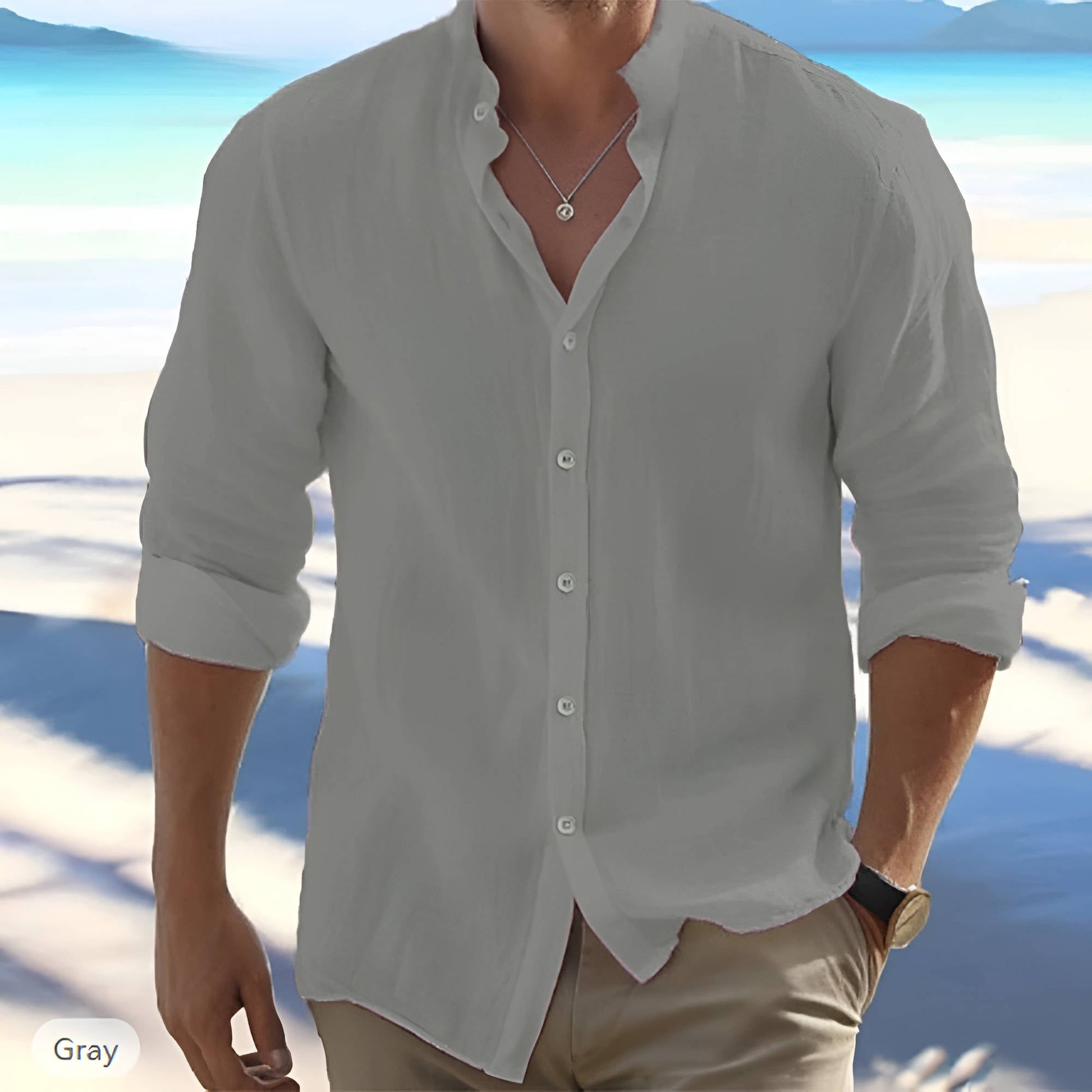 Men's light beige linen-cotton blend long sleeve shirt with button front, relaxed casual fit