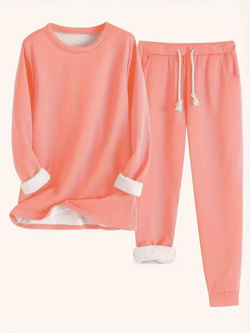 Women's grey fleece-lined sweatsuit two-piece set with relaxed fit and brushed interior lining