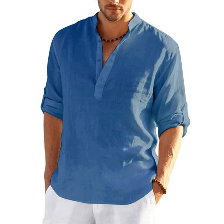 Men's beige linen Henley shirt rolled sleeves lightweight breathable casual summer fit