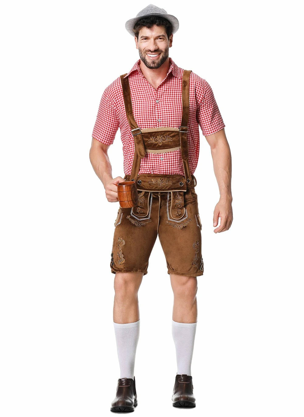 Men's brown Bavarian Lederhosen short set with embroidered suspenders, Oktoberfest costume full outfit