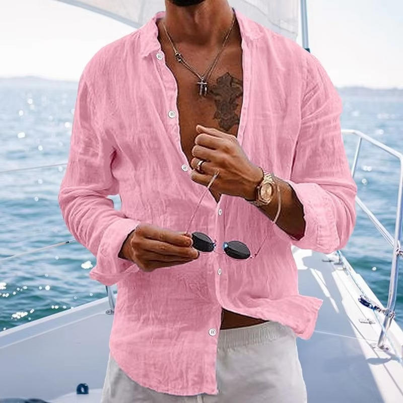 Men's natural beige linen long sleeve shirt lightweight breathable casual fit everyday top