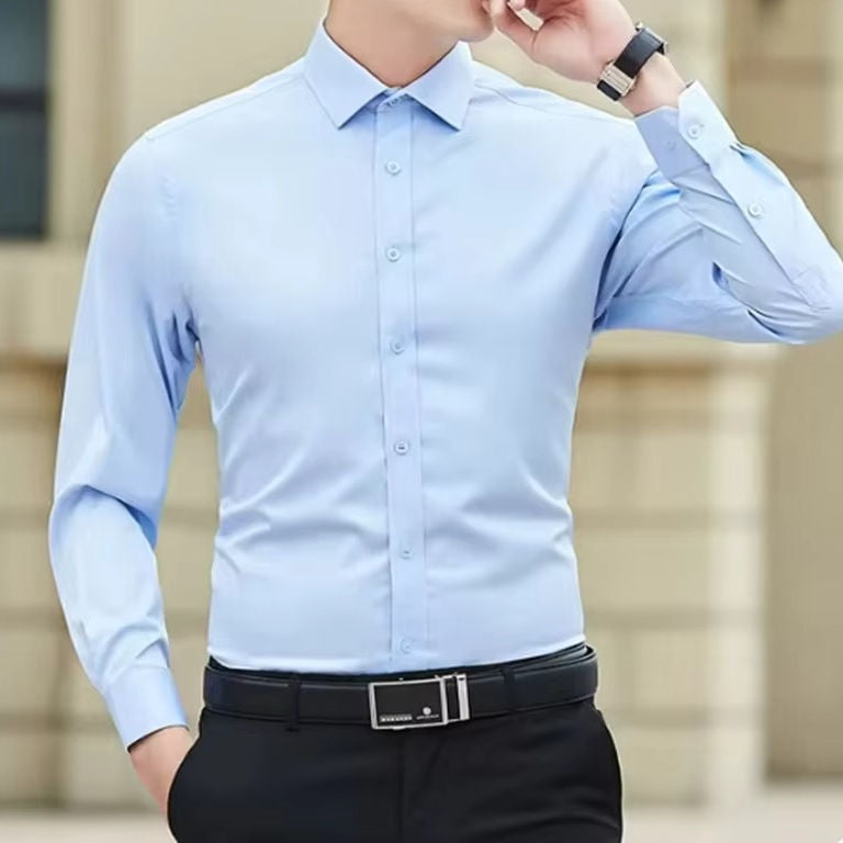 Men's long sleeve pocketless dress shirt wrinkle-resistant stretch blend for all-day comfort