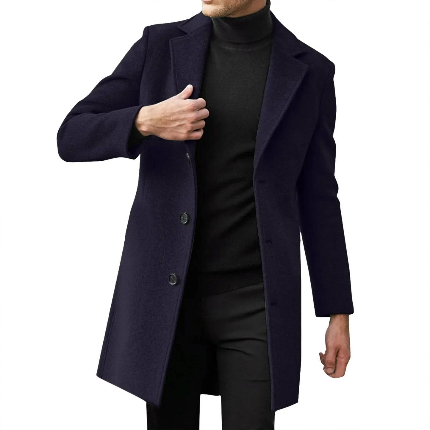 Men's slim fit longline wool overcoat in classic dark tone with notched lapel for business formal wear