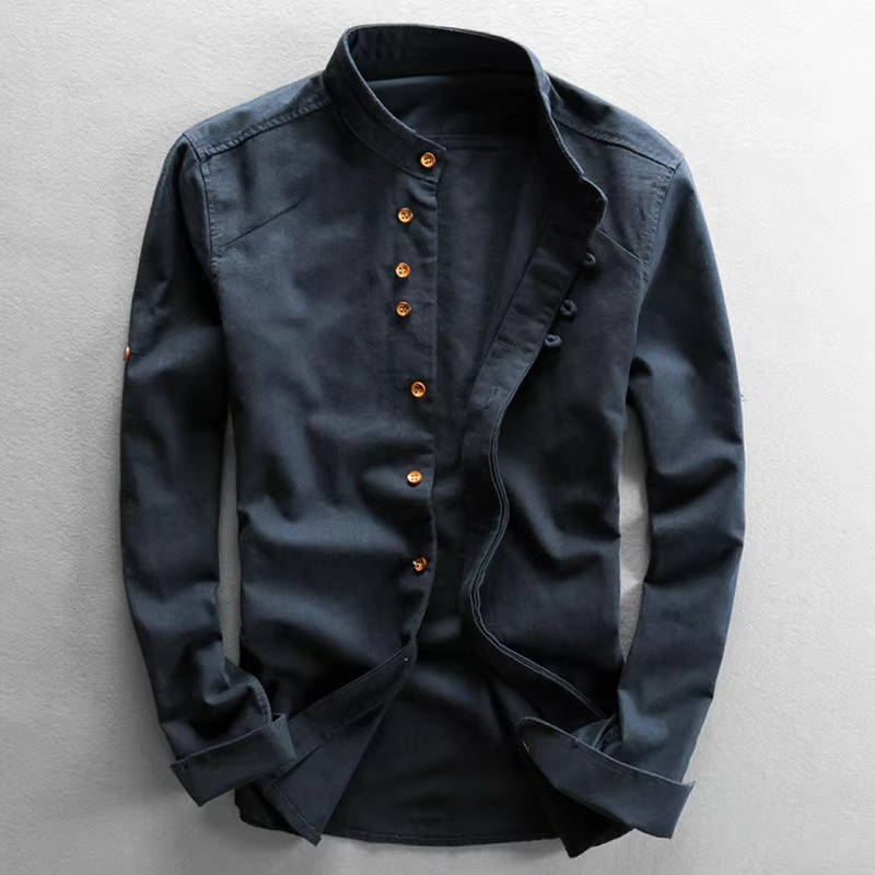 Men's beige linen-cotton Japan style shirt with distinctive stand-up collar and relaxed casual fit