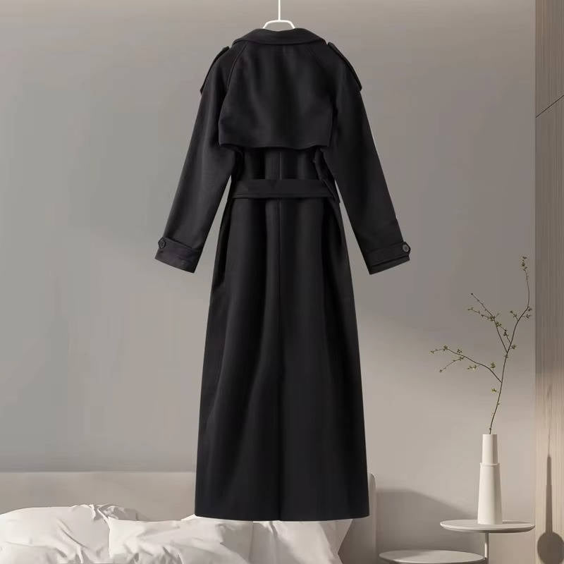 Women oversized long trench coat wool-polyester blend office-ready silhouette timeless style
